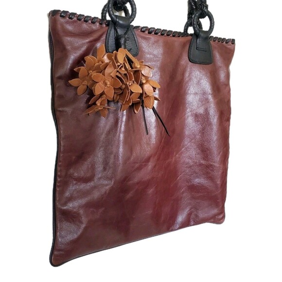 Anthony Luciano Wine Leather Tote Shoulder Bag Charm Penny Woven Trim Straps Lg - Picture 12 of 16